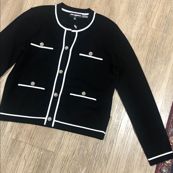 New Karl Lagerfeld Paris Black Cardigan with White Trim S - Picture 3 of 6